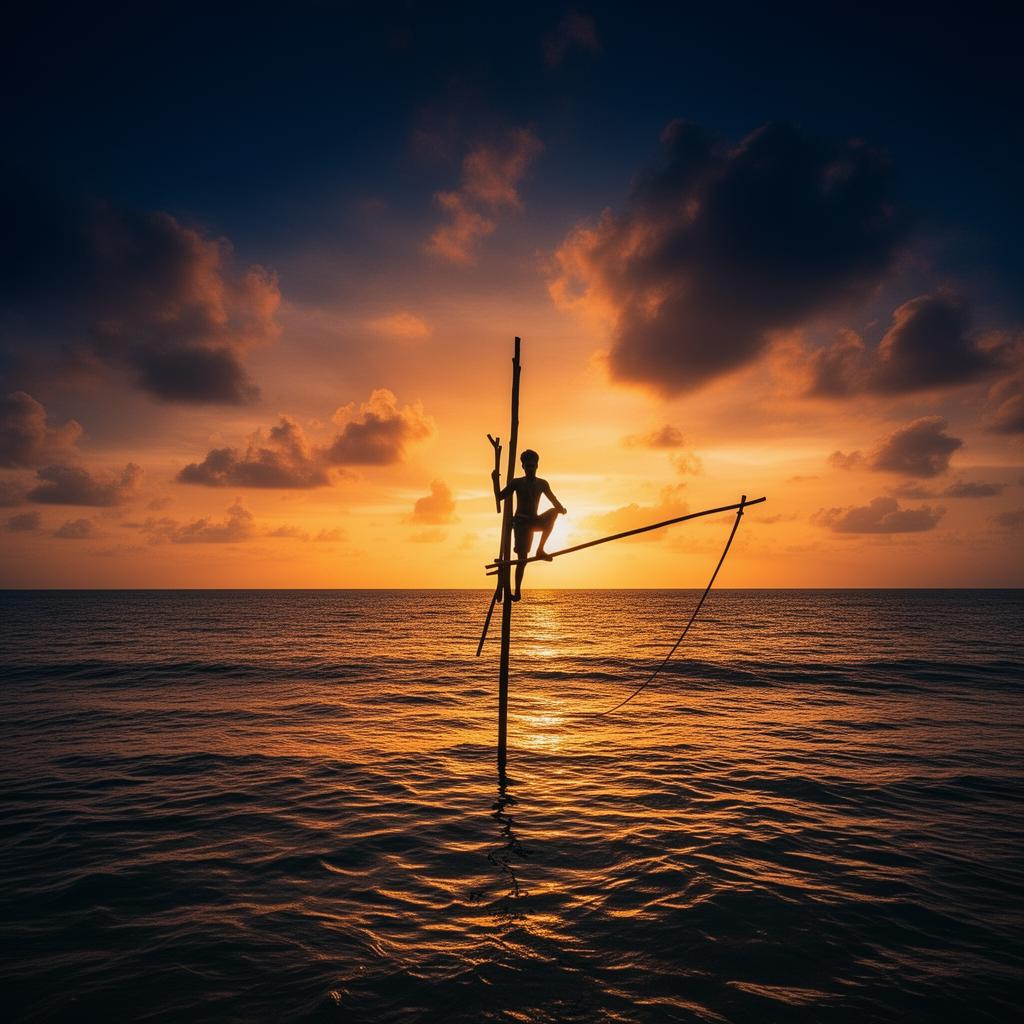 Stilt fisherman at sunset